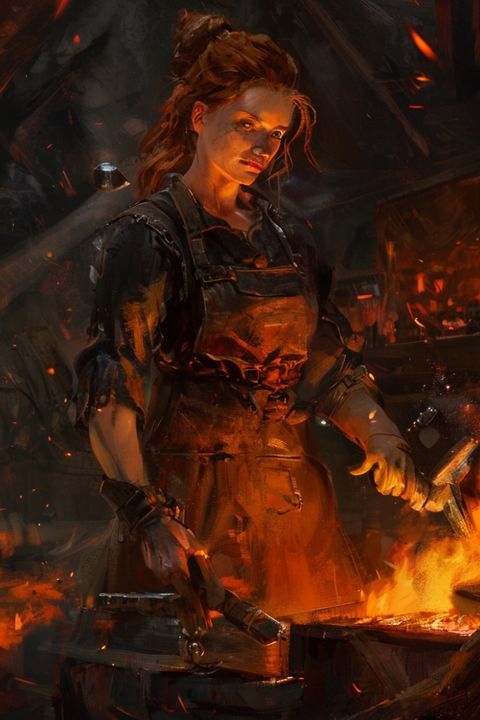 Maren Ashworth at her forge, hammer raised over a glowing blade